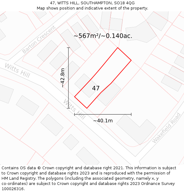 47, WITTS HILL, SOUTHAMPTON, SO18 4QG: Plot and title map