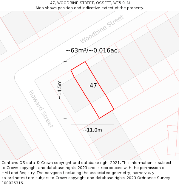 47, WOODBINE STREET, OSSETT, WF5 9LN: Plot and title map