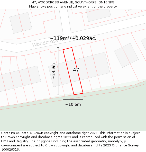 47, WOODCROSS AVENUE, SCUNTHORPE, DN16 3FG: Plot and title map