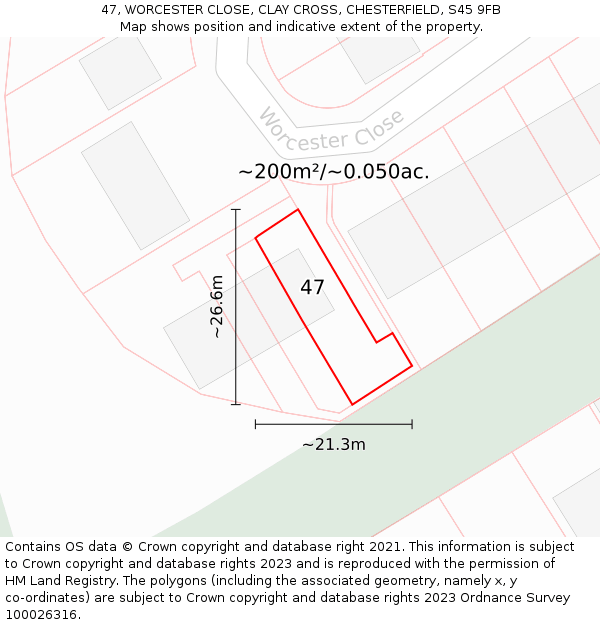 47, WORCESTER CLOSE, CLAY CROSS, CHESTERFIELD, S45 9FB: Plot and title map