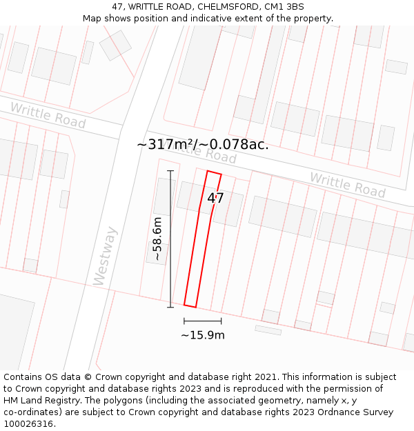 47, WRITTLE ROAD, CHELMSFORD, CM1 3BS: Plot and title map