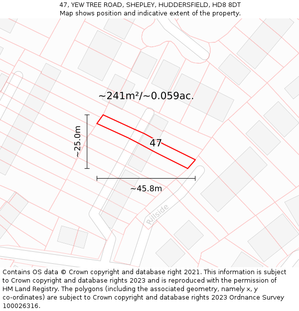 47, YEW TREE ROAD, SHEPLEY, HUDDERSFIELD, HD8 8DT: Plot and title map