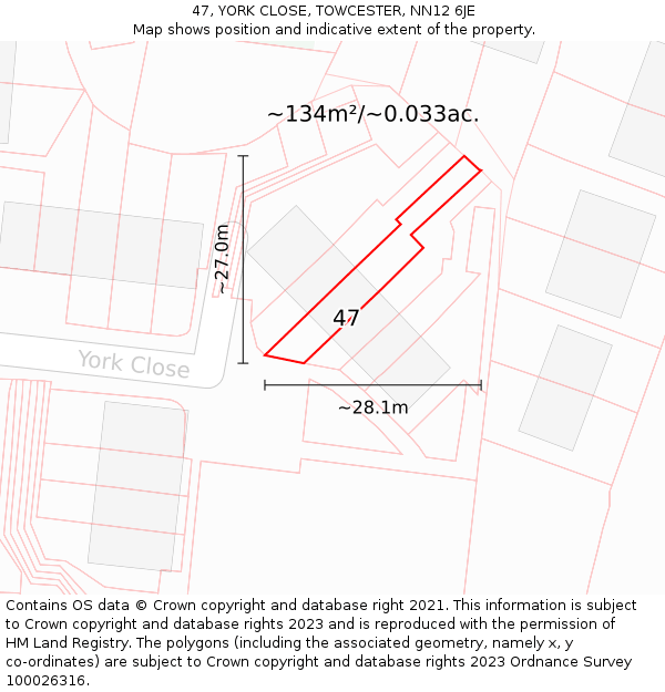47, YORK CLOSE, TOWCESTER, NN12 6JE: Plot and title map