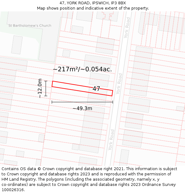 47, YORK ROAD, IPSWICH, IP3 8BX: Plot and title map