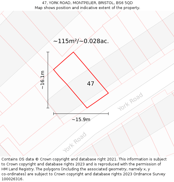 47, YORK ROAD, MONTPELIER, BRISTOL, BS6 5QD: Plot and title map