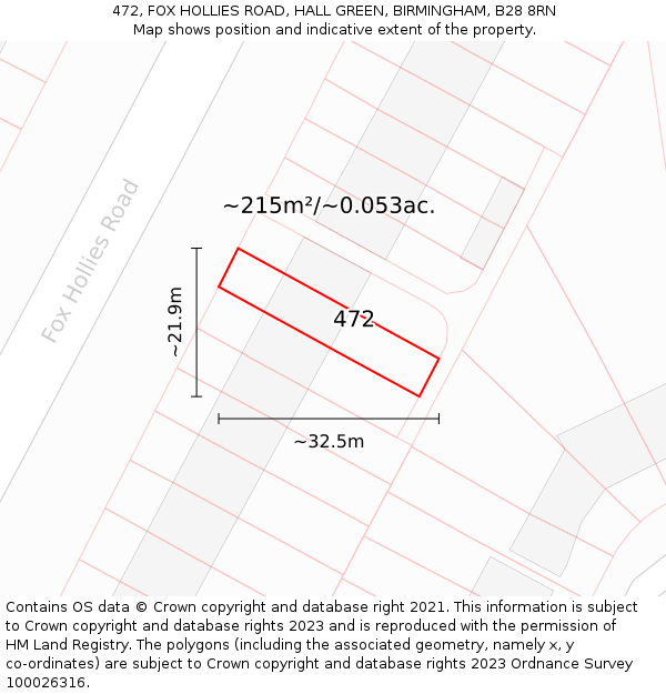 472, FOX HOLLIES ROAD, HALL GREEN, BIRMINGHAM, B28 8RN: Plot and title map