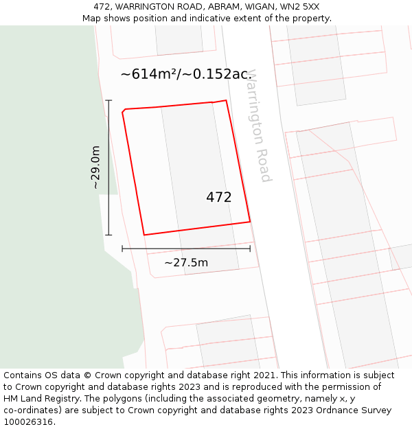 472, WARRINGTON ROAD, ABRAM, WIGAN, WN2 5XX: Plot and title map