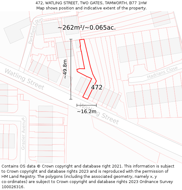 472, WATLING STREET, TWO GATES, TAMWORTH, B77 1HW: Plot and title map