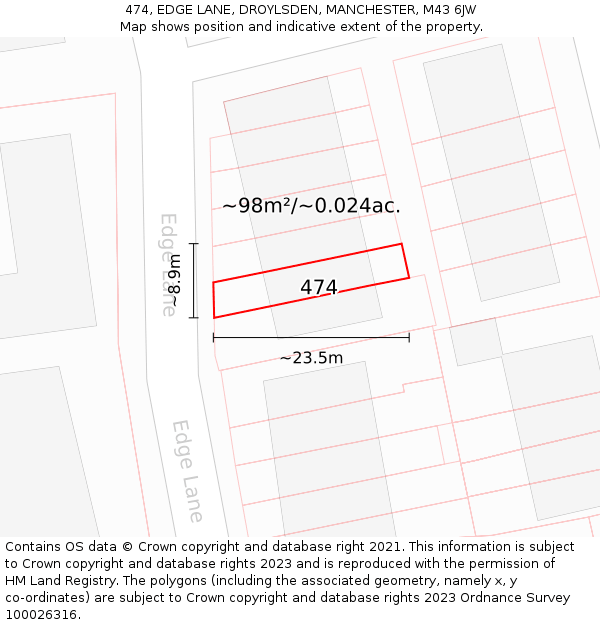 474, EDGE LANE, DROYLSDEN, MANCHESTER, M43 6JW: Plot and title map