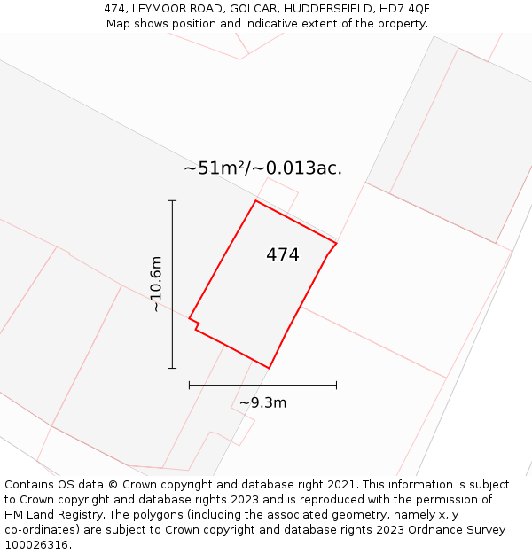 474, LEYMOOR ROAD, GOLCAR, HUDDERSFIELD, HD7 4QF: Plot and title map