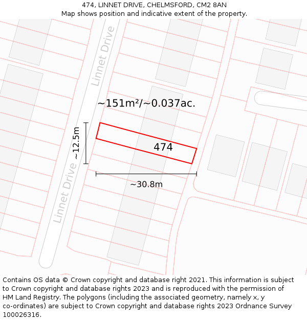 474, LINNET DRIVE, CHELMSFORD, CM2 8AN: Plot and title map