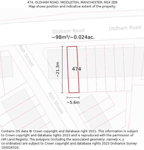 474, OLDHAM ROAD, MIDDLETON, MANCHESTER, M24 2EB: Plot and title map