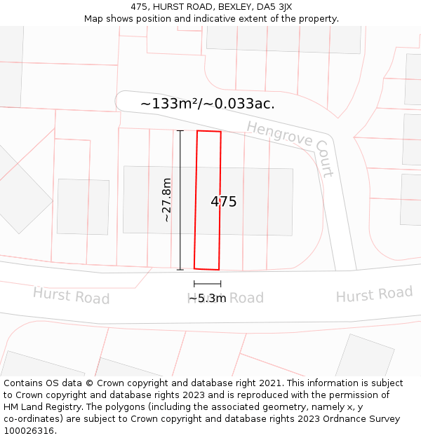 475, HURST ROAD, BEXLEY, DA5 3JX: Plot and title map