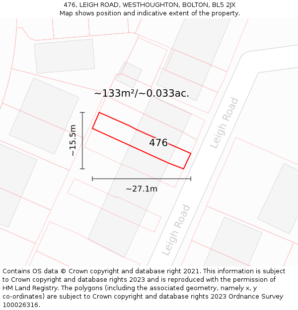 476, LEIGH ROAD, WESTHOUGHTON, BOLTON, BL5 2JX: Plot and title map