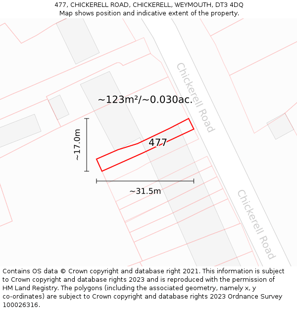 477, CHICKERELL ROAD, CHICKERELL, WEYMOUTH, DT3 4DQ: Plot and title map