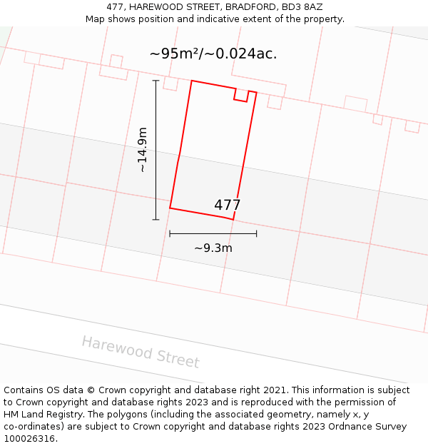477, HAREWOOD STREET, BRADFORD, BD3 8AZ: Plot and title map