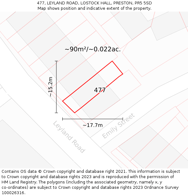 477, LEYLAND ROAD, LOSTOCK HALL, PRESTON, PR5 5SD: Plot and title map