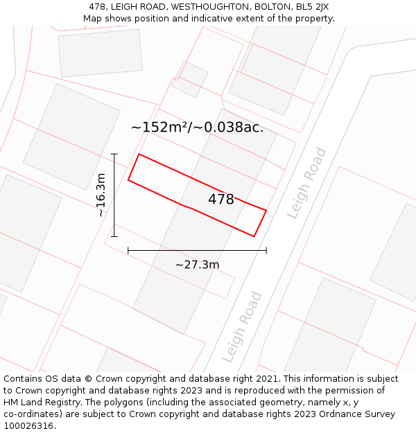 478, LEIGH ROAD, WESTHOUGHTON, BOLTON, BL5 2JX: Plot and title map