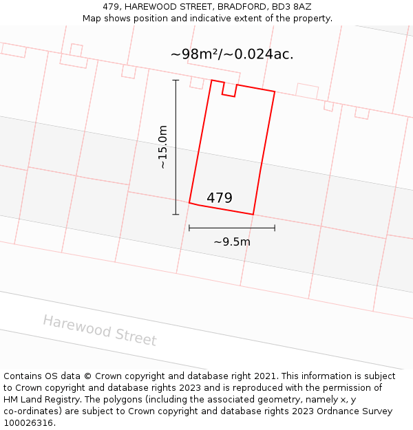 479, HAREWOOD STREET, BRADFORD, BD3 8AZ: Plot and title map