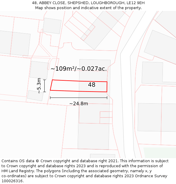 48, ABBEY CLOSE, SHEPSHED, LOUGHBOROUGH, LE12 9EH: Plot and title map