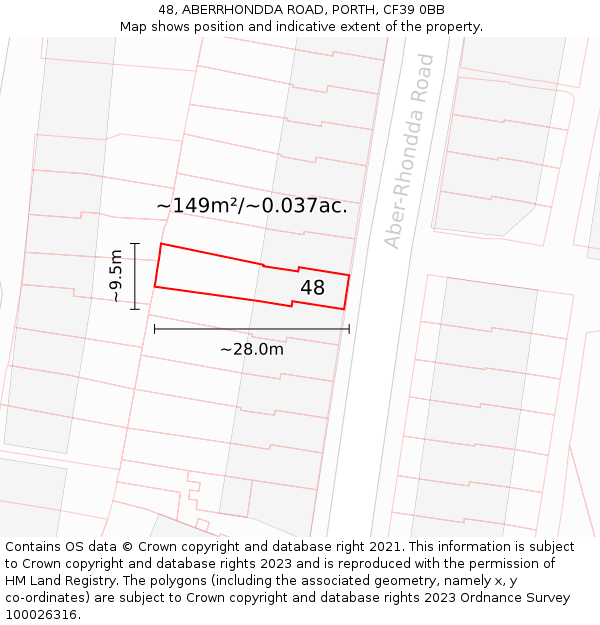 48, ABERRHONDDA ROAD, PORTH, CF39 0BB: Plot and title map
