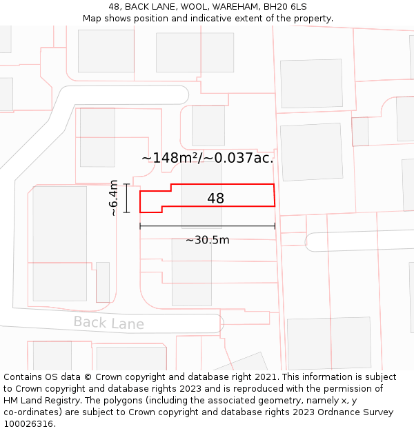 48, BACK LANE, WOOL, WAREHAM, BH20 6LS: Plot and title map