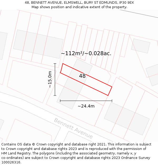 48, BENNETT AVENUE, ELMSWELL, BURY ST EDMUNDS, IP30 9EX: Plot and title map