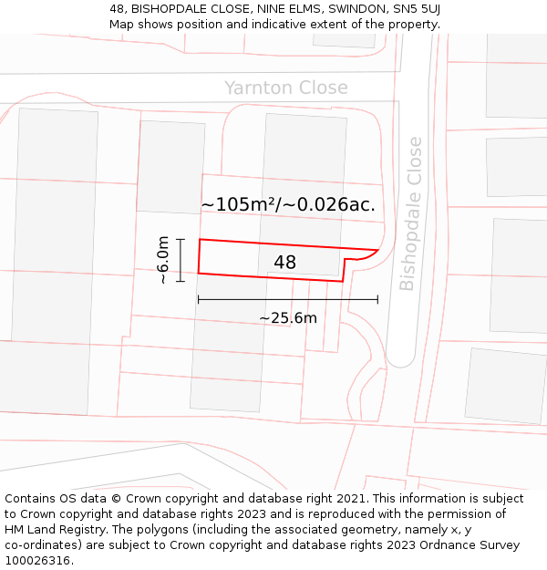 48, BISHOPDALE CLOSE, NINE ELMS, SWINDON, SN5 5UJ: Plot and title map