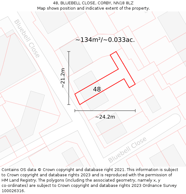 48, BLUEBELL CLOSE, CORBY, NN18 8LZ: Plot and title map