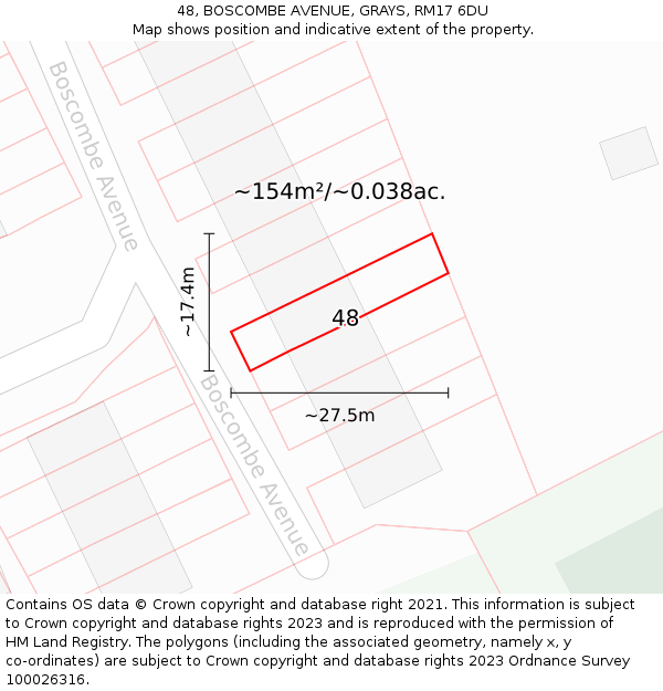 48, BOSCOMBE AVENUE, GRAYS, RM17 6DU: Plot and title map