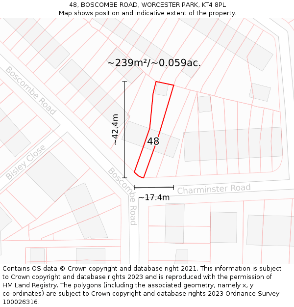 48, BOSCOMBE ROAD, WORCESTER PARK, KT4 8PL: Plot and title map