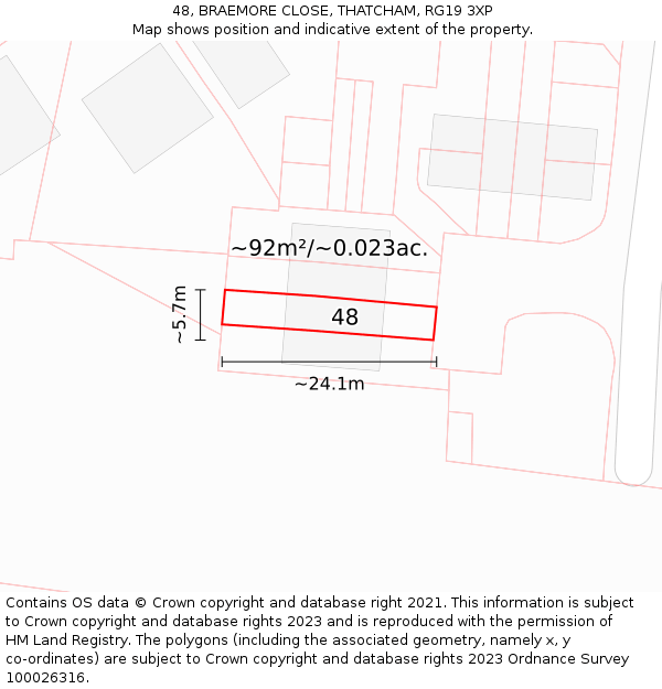 48, BRAEMORE CLOSE, THATCHAM, RG19 3XP: Plot and title map