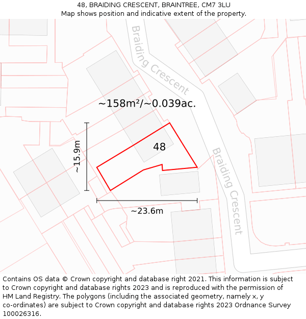 48, BRAIDING CRESCENT, BRAINTREE, CM7 3LU: Plot and title map