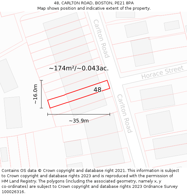 48, CARLTON ROAD, BOSTON, PE21 8PA: Plot and title map