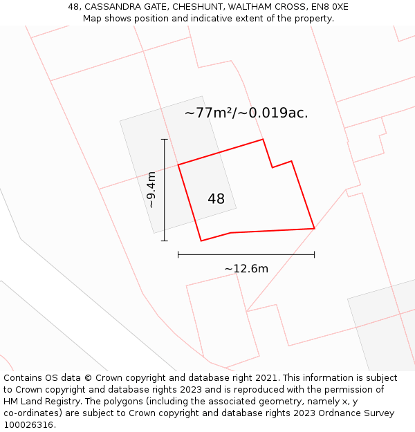 48, CASSANDRA GATE, CHESHUNT, WALTHAM CROSS, EN8 0XE: Plot and title map