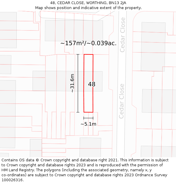 48, CEDAR CLOSE, WORTHING, BN13 2JA: Plot and title map