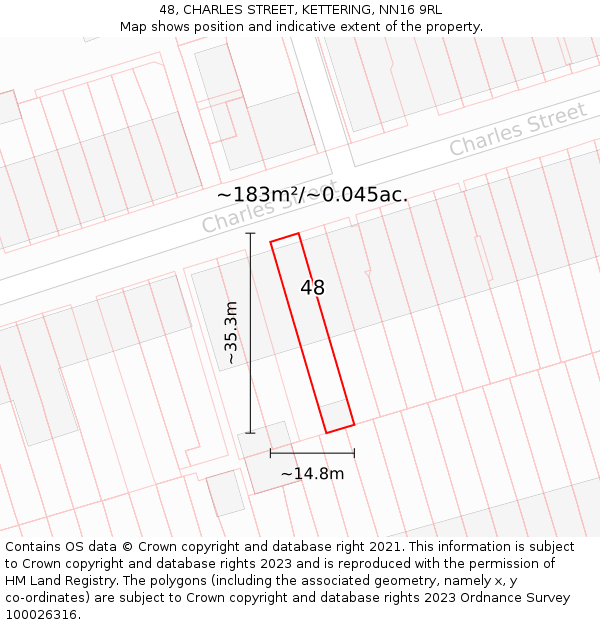 48, CHARLES STREET, KETTERING, NN16 9RL: Plot and title map