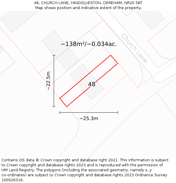 48, CHURCH LANE, HINDOLVESTON, DEREHAM, NR20 5BT: Plot and title map