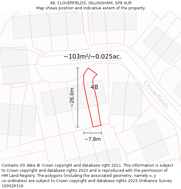 48, CLOVERFIELDS, GILLINGHAM, SP8 4UR: Plot and title map