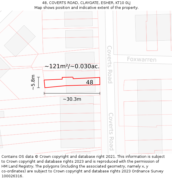 48, COVERTS ROAD, CLAYGATE, ESHER, KT10 0LJ: Plot and title map
