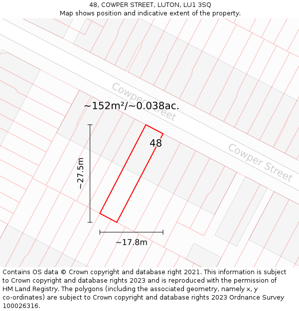 48, COWPER STREET, LUTON, LU1 3SQ: Plot and title map