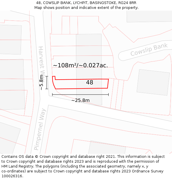 48, COWSLIP BANK, LYCHPIT, BASINGSTOKE, RG24 8RR: Plot and title map