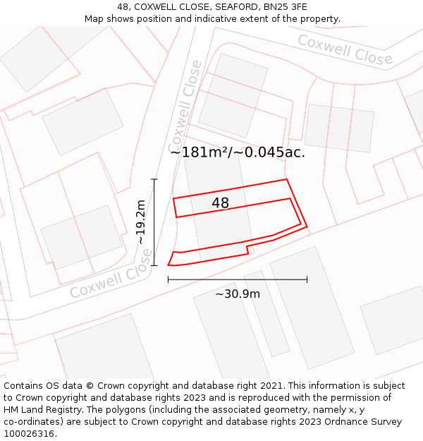 48, COXWELL CLOSE, SEAFORD, BN25 3FE: Plot and title map