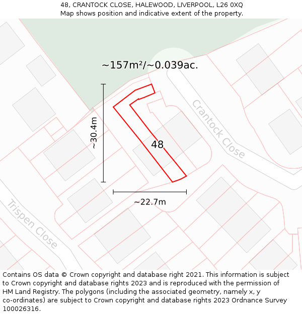 48, CRANTOCK CLOSE, HALEWOOD, LIVERPOOL, L26 0XQ: Plot and title map