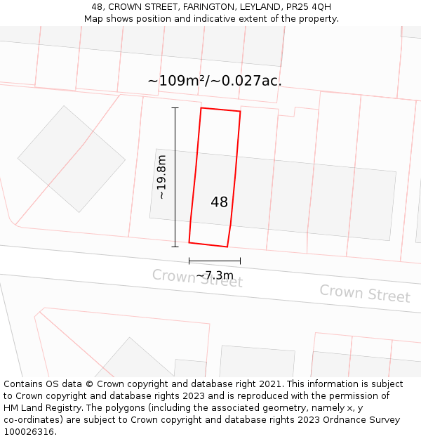 48, CROWN STREET, FARINGTON, LEYLAND, PR25 4QH: Plot and title map