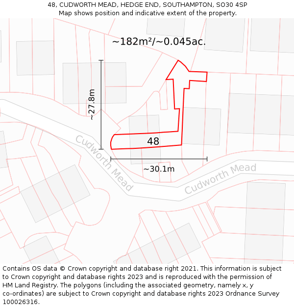 48, CUDWORTH MEAD, HEDGE END, SOUTHAMPTON, SO30 4SP: Plot and title map