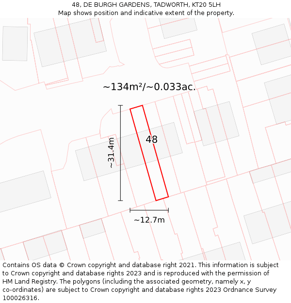 48, DE BURGH GARDENS, TADWORTH, KT20 5LH: Plot and title map