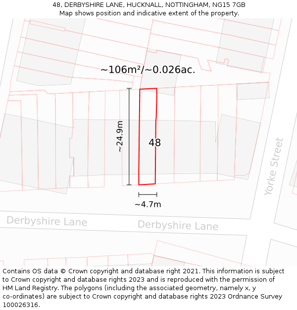 48, DERBYSHIRE LANE, HUCKNALL, NOTTINGHAM, NG15 7GB: Plot and title map