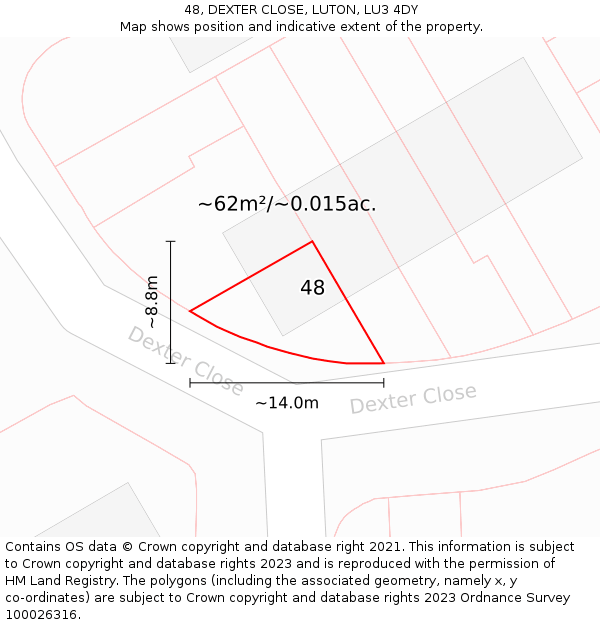 48, DEXTER CLOSE, LUTON, LU3 4DY: Plot and title map