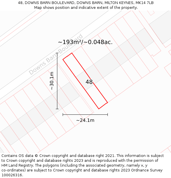 48, DOWNS BARN BOULEVARD, DOWNS BARN, MILTON KEYNES, MK14 7LB: Plot and title map